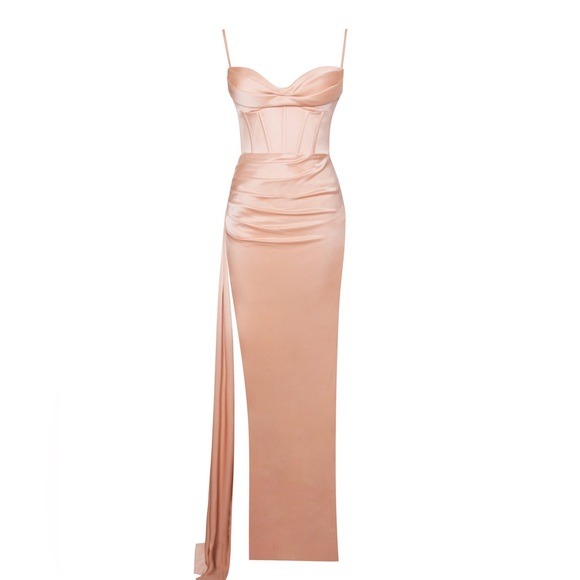 NWOT- Elayna Blush Strappy Satin Corset High Slit Gown - Picture 3 of 9